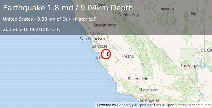 Earthquake 2 km NNW of Hollister, CA (1.8 md) (2025-05-10 08:01:05 UTC)