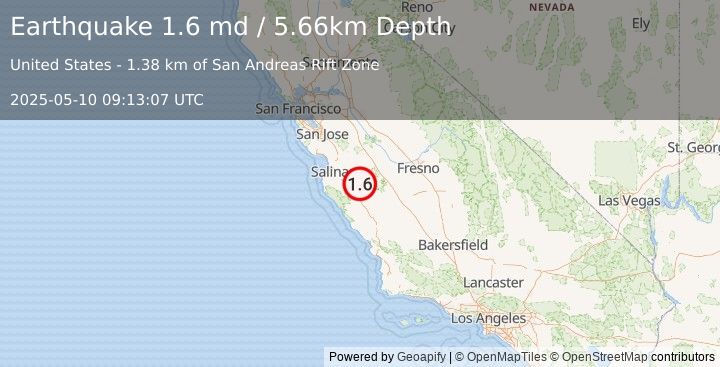 Earthquake 11 km SSE of Pinnacles, CA (1.6 md) (2025-05-10 09:13:07 UTC)