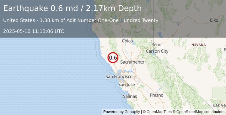 Earthquake 9 km NW of The Geysers, CA (0.6 md) (2025-05-10 11:13:06 UTC)