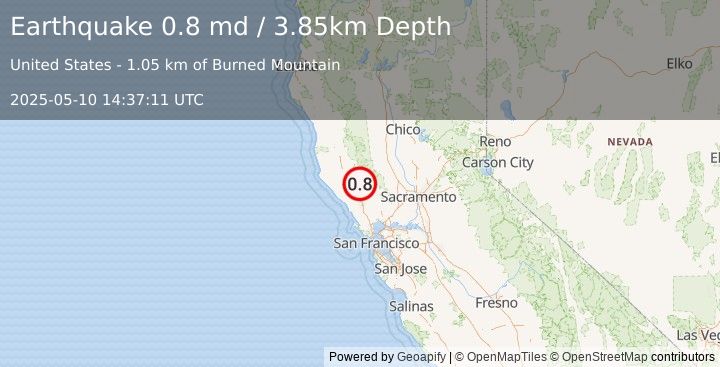 Earthquake 4 km NNW of The Geysers, CA (0.8 md) (2025-05-10 14:37:11 UTC)