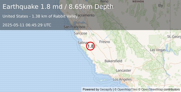 Earthquake 16 km SE of Pinnacles, CA (1.8 md) (2025-05-11 06:45:29 UTC)