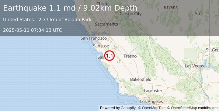 Earthquake 4 km SE of Tres Pinos, CA (1.1 md) (2025-05-11 07:34:13 UTC)