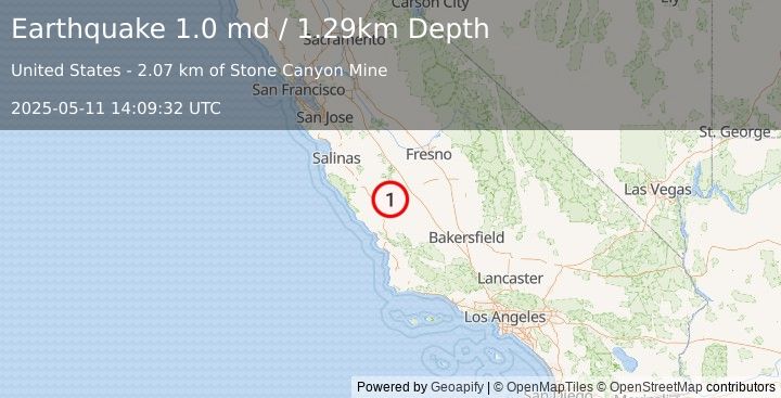 Earthquake 16 km NW of Parkfield, CA (1.0 md) (2025-05-11 14:09:32 UTC)