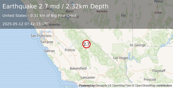 Earthquake 2 km E of Big Pine, CA (2.7 md) (2025-05-12 07:42:15 UTC)
