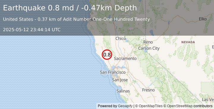 Earthquake 8 km WNW of The Geysers, CA (0.8 md) (2025-05-12 23:44:14 UTC)