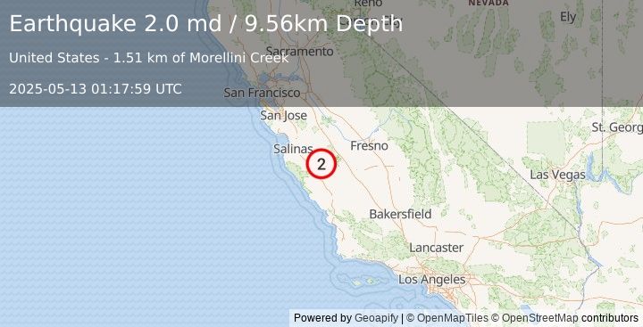 Earthquake 24 km SSE of Pinnacles, CA (2.0 md) (2025-05-13 01:17:59 UTC)
