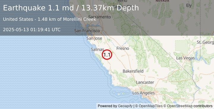 Earthquake 24 km NE of King City, CA (1.1 md) (2025-05-13 01:19:41 UTC)
