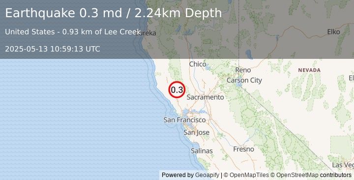 Earthquake 3 km WNW of Cobb, CA (0.3 md) (2025-05-13 10:59:13 UTC)