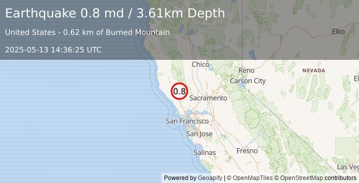 Earthquake 2 km  of The Geysers, CA (0.8 md) (2025-05-13 14:36:25 UTC)