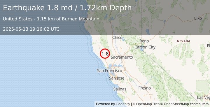 Earthquake 1 km NNW of The Geysers, CA (1.8 md) (2025-05-13 19:16:02 UTC)