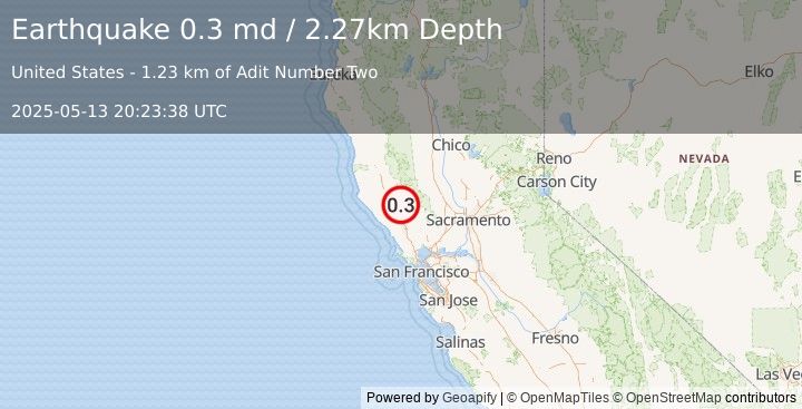 Earthquake 7 km NW of The Geysers, CA (0.3 md) (2025-05-13 20:23:38 UTC)