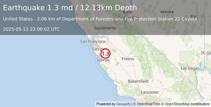 Earthquake 11 km ENE of Gilroy, CA (1.3 md) (2025-05-13 22:00:02 UTC)