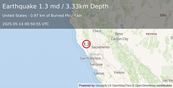 Earthquake 3 km NW of The Geysers, CA (1.3 md) (2025-05-14 00:50:55 UTC)