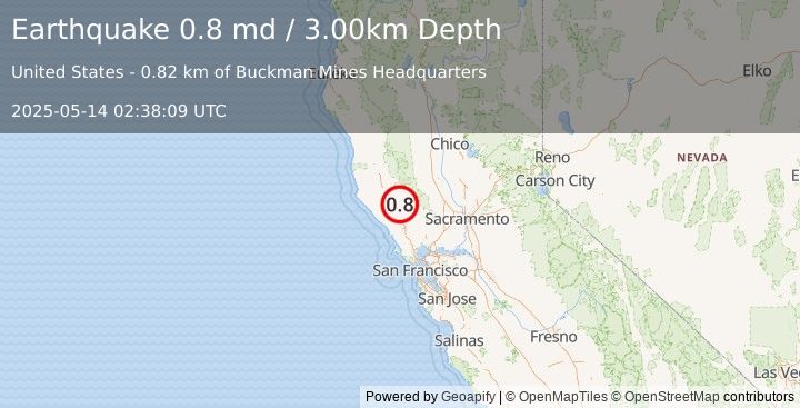 Earthquake 6 km NW of The Geysers, CA (0.8 md) (2025-05-14 02:38:09 UTC)