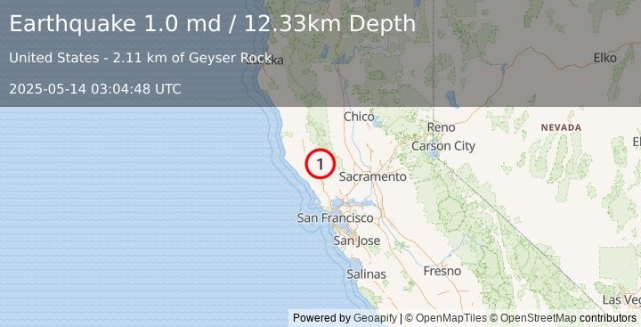 Earthquake 6 km WNW of Cobb, CA (1.0 md) (2025-05-14 03:04:48 UTC)