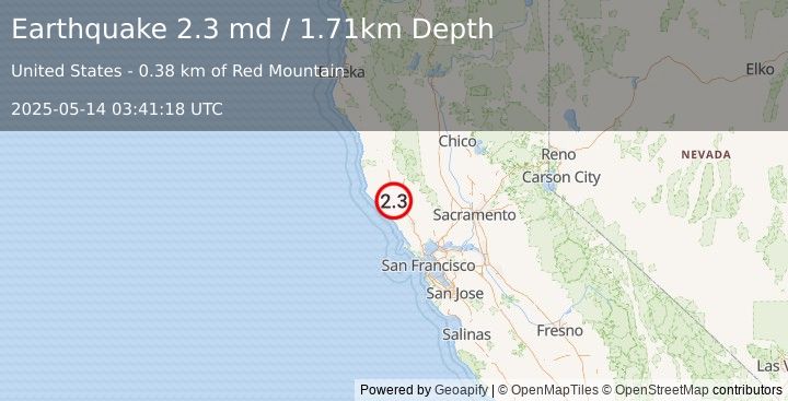 Earthquake 8 km W of Cloverdale, CA (2.3 md) (2025-05-14 03:41:18 UTC)
