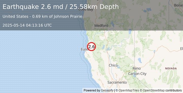 Earthquake 7 km WNW of Willow Creek, CA (2.6 md) (2025-05-14 04:13:16 UTC)