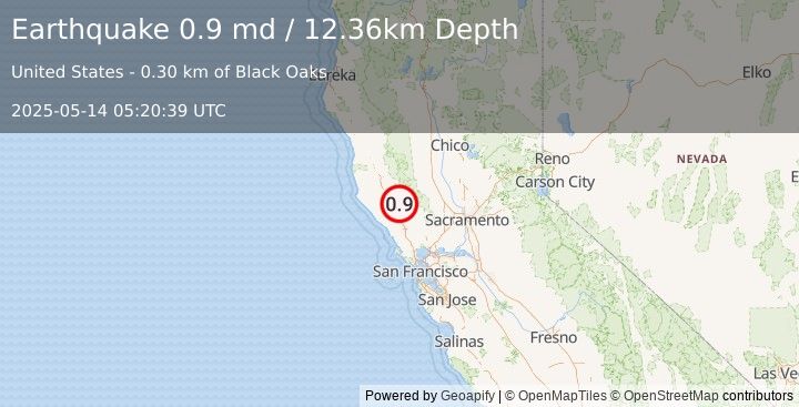 Earthquake 9 km NW of The Geysers, CA (0.9 md) (2025-05-14 05:20:39 UTC)