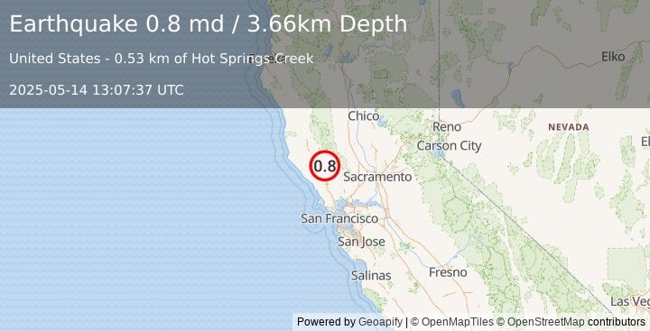 Earthquake 2 km NW of The Geysers, CA (0.8 md) (2025-05-14 13:07:37 UTC)