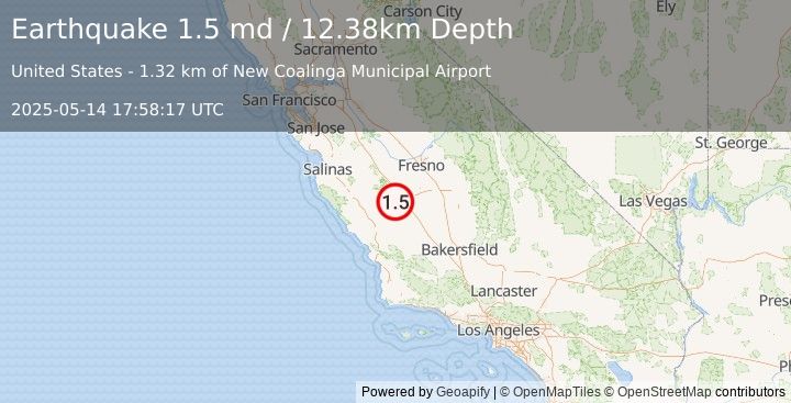 Earthquake 5 km E of Coalinga, CA (1.5 md) (2025-05-14 17:58:17 UTC)