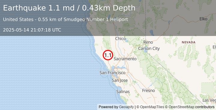 Earthquake 1 km NE of The Geysers, CA (1.1 md) (2025-05-14 21:07:18 UTC)