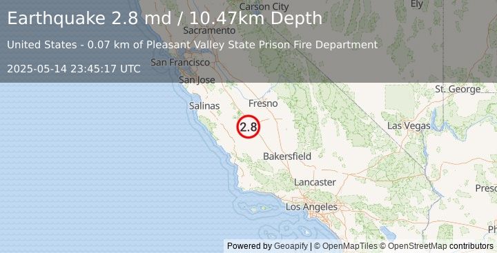 Earthquake 10 km ESE of Coalinga, CA (2.8 md) (2025-05-14 23:45:17 UTC)