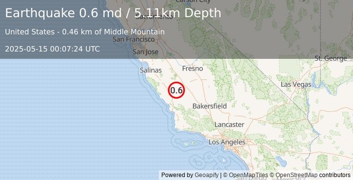 Earthquake 9 km NW of Parkfield, CA (0.6 md) (2025-05-15 00:07:24 UTC)