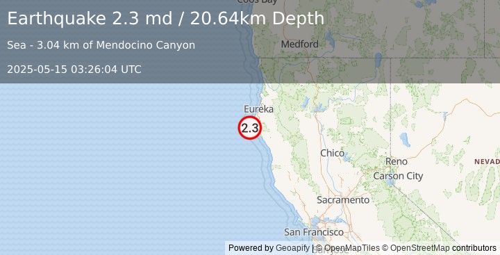 Earthquake 14 km WNW of Petrolia, CA (2.3 md) (2025-05-15 03:26:04 UTC)