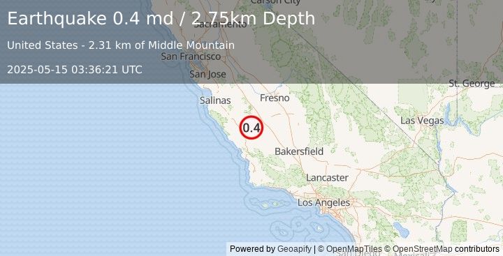 Earthquake 11 km NNW of Parkfield, CA (0.4 md) (2025-05-15 03:36:21 UTC)
