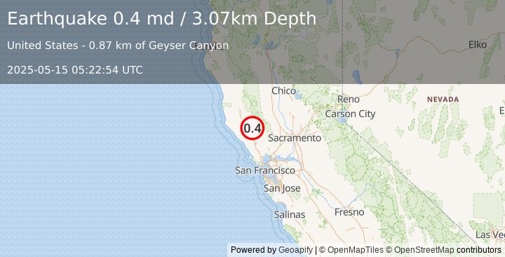 Earthquake 6 km NW of The Geysers, CA (0.4 md) (2025-05-15 05:22:54 UTC)
