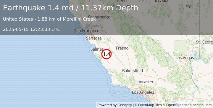 Earthquake 24 km SE of Pinnacles, CA (1.4 md) (2025-05-15 12:23:03 UTC)