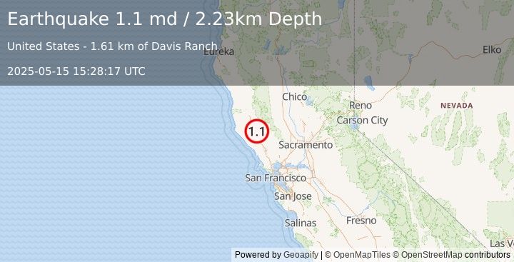 Earthquake 11 km NNE of Cloverdale, CA (1.1 md) (2025-05-15 15:28:17 UTC)
