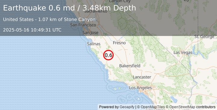 Earthquake 18 km NW of Parkfield, CA (0.6 md) (2025-05-16 10:49:31 UTC)