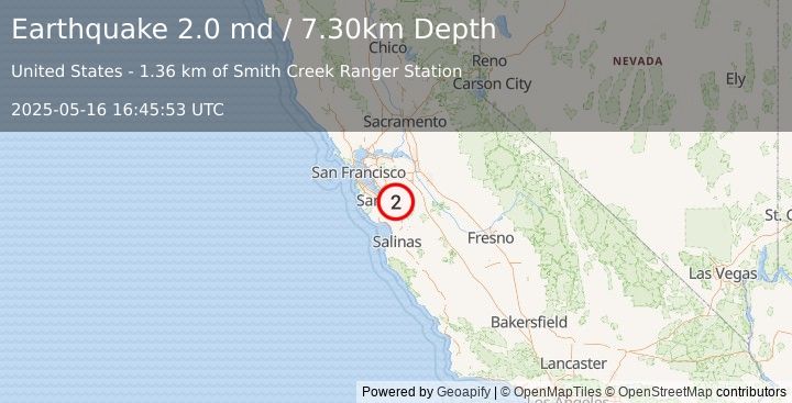 Earthquake 15 km E of Seven Trees, CA (2.0 md) (2025-05-16 16:45:53 UTC)