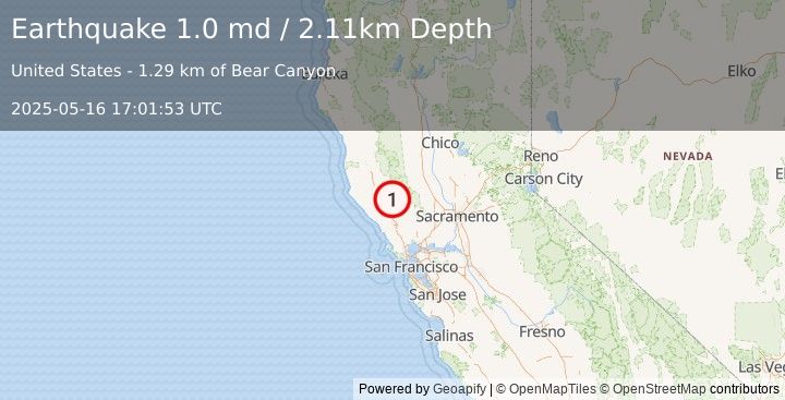 Earthquake 7 km WNW of Cobb, CA (1.0 md) (2025-05-16 17:01:53 UTC)