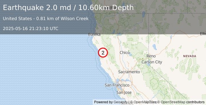 Earthquake 4 km  of Laytonville, CA (2.0 md) (2025-05-16 21:23:10 UTC)