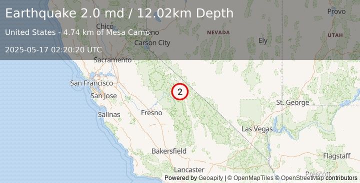Earthquake 9 km NE of Round Valley, CA (2.0 md) (2025-05-17 02:20:20 UTC)