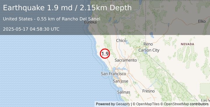 Earthquake 15 km WSW of Lakeport, CA (1.9 md) (2025-05-17 04:58:30 UTC)