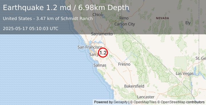 Earthquake 22 km WSW of Westley, CA (1.2 md) (2025-05-17 05:10:03 UTC)
