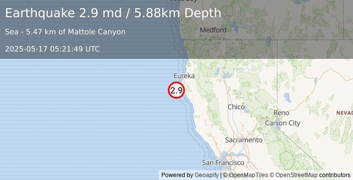 Earthquake 19 km W of Petrolia, CA (2.9 md) (2025-05-17 05:21:49 UTC)