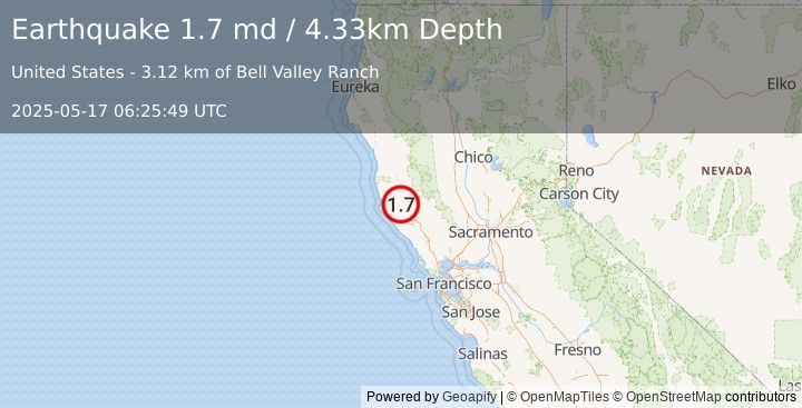 Earthquake 9 km ESE of Boonville, CA (1.7 md) (2025-05-17 06:25:49 UTC)