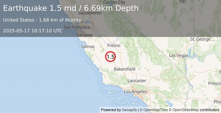 Earthquake 11 km NNW of Kettleman City, CA (1.5 md) (2025-05-17 10:17:10 UTC)