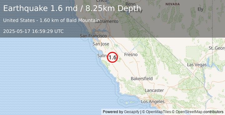 Earthquake 7 km ENE of Pinnacles, CA (1.6 md) (2025-05-17 16:59:29 UTC)