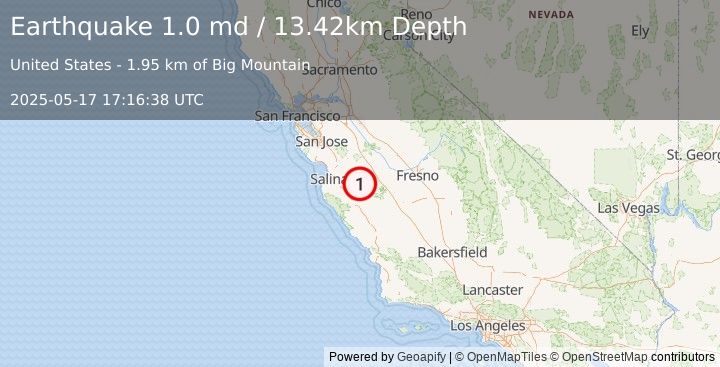 Earthquake 11 km ENE of Pinnacles, CA (1.0 md) (2025-05-17 17:16:38 UTC)