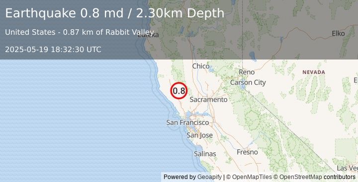 Earthquake 9 km NW of Cobb, CA (0.8 md) (2025-05-19 18:32:30 UTC)