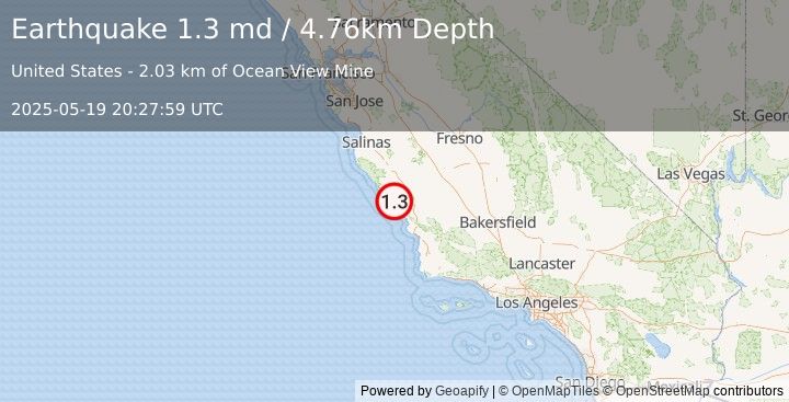 Earthquake 12 km ENE of San Simeon, CA (1.3 md) (2025-05-19 20:27:59 UTC)