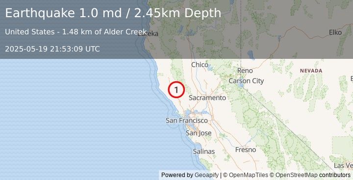 Earthquake 13 km E of Cloverdale, CA (1.0 md) (2025-05-19 21:53:09 UTC)