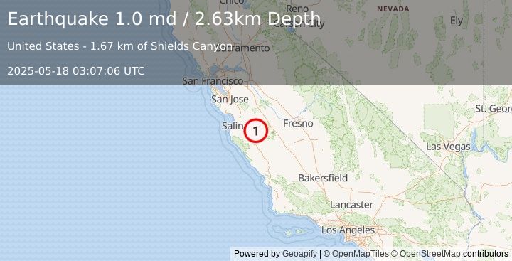 Earthquake 6 km ENE of Pinnacles, CA (1.0 md) (2025-05-18 03:07:06 UTC)