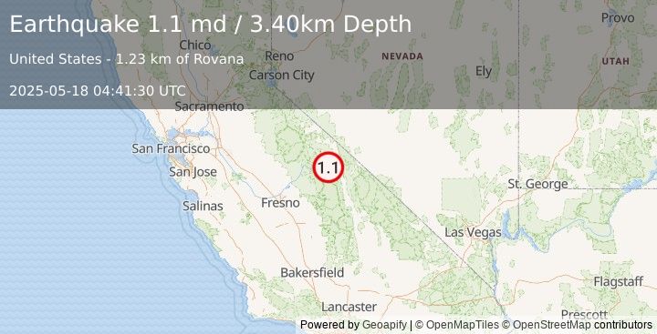 Earthquake 3 km WNW of Round Valley, CA (1.1 md) (2025-05-18 04:41:30 UTC)