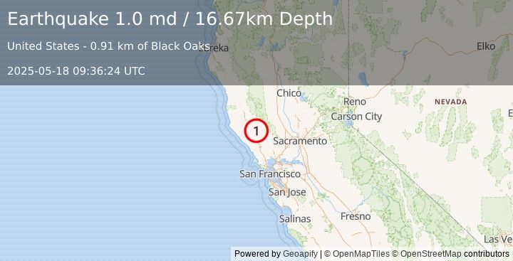 Earthquake 9 km NW of The Geysers, CA (1.0 md) (2025-05-18 09:36:24 UTC)